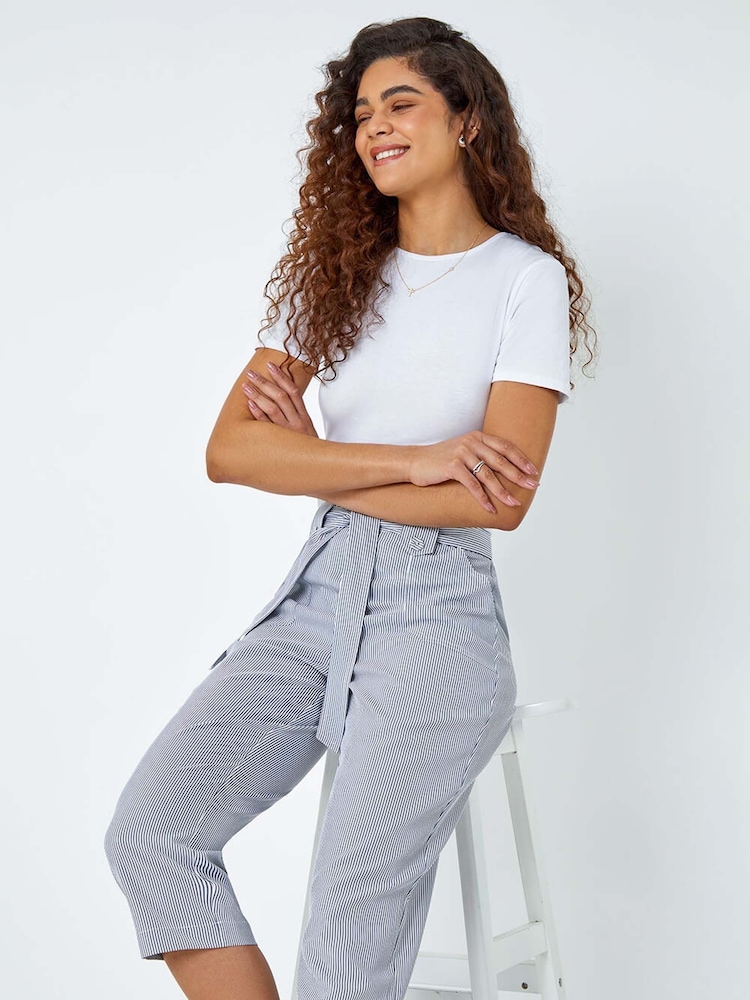 Roman Blue Stripe Print Tie Waist Cropped Trousers - Image 1 of 5