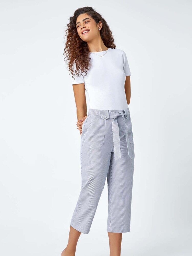 Roman Blue Stripe Print Tie Waist Cropped Trousers - Image 2 of 5