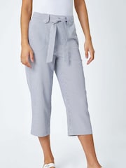 Roman Blue Stripe Print Tie Waist Cropped Trousers - Image 4 of 5
