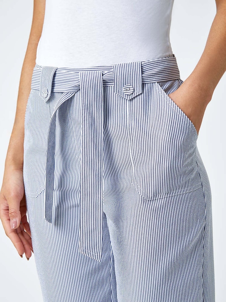 Roman Blue Stripe Print Tie Waist Cropped Trousers - Image 5 of 5