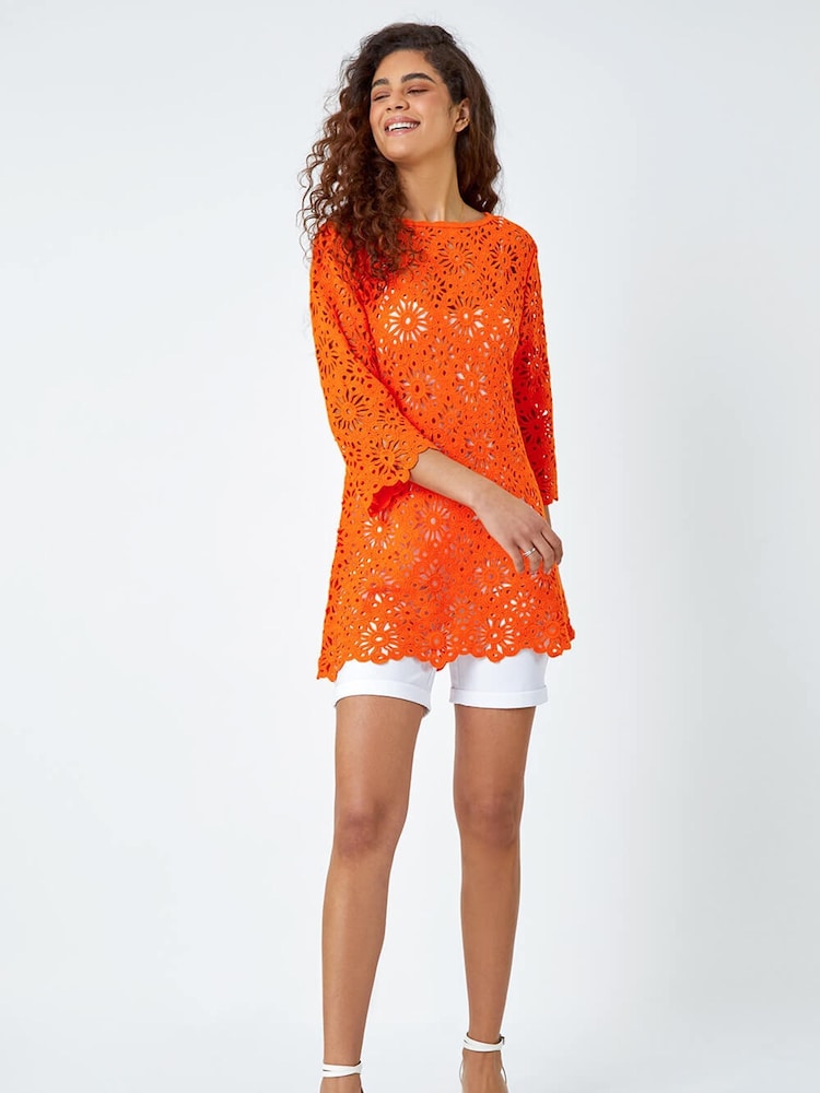 Roman Orange Floral 100% Cotton Crochet Top - Image 1 of 4