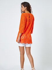 Roman Orange Floral 100% Cotton Crochet Top - Image 2 of 4