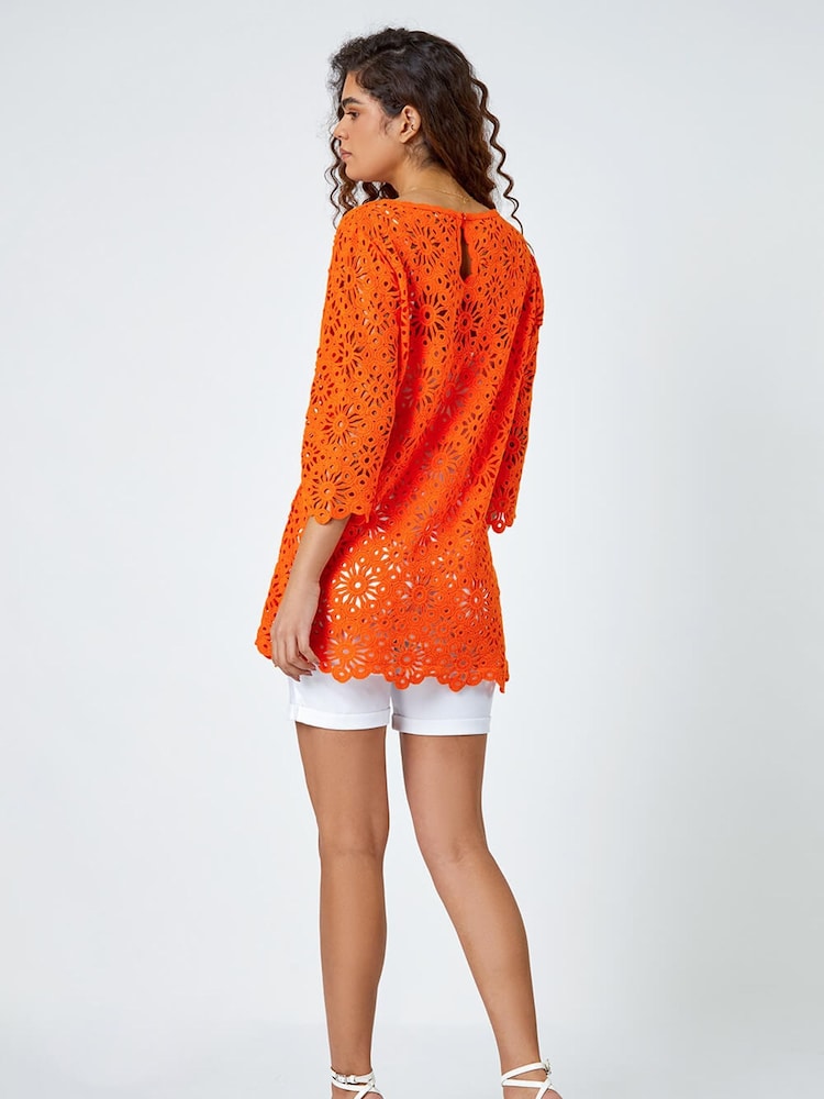 Roman Orange Floral 100% Cotton Crochet Top - Image 2 of 4