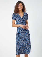 Roman Blue Animal Print Twist Front Midi Stretch Dress - Image 1 of 5