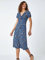 Roman Blue Animal Print Twist Front Midi Stretch Dress - Image 2 of 5