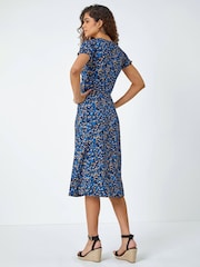 Roman Blue Animal Print Twist Front Midi Stretch Dress - Image 3 of 5