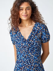 Roman Blue Animal Print Twist Front Midi Stretch Dress - Image 4 of 5
