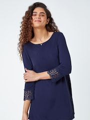 Roman Blue Plain Lace Trim Stretch Top - Image 1 of 5