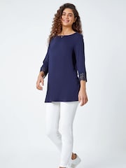 Roman Blue Plain Lace Trim Stretch Top - Image 2 of 5
