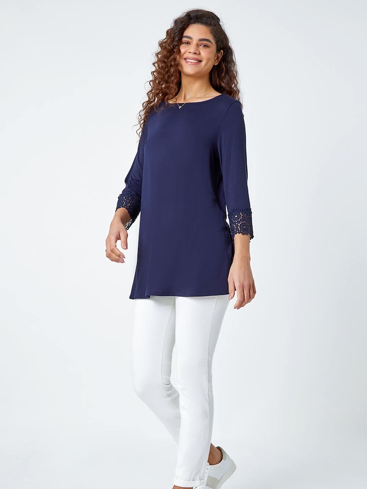 Roman Blue Plain Lace Trim Stretch Top - Image 2 of 5
