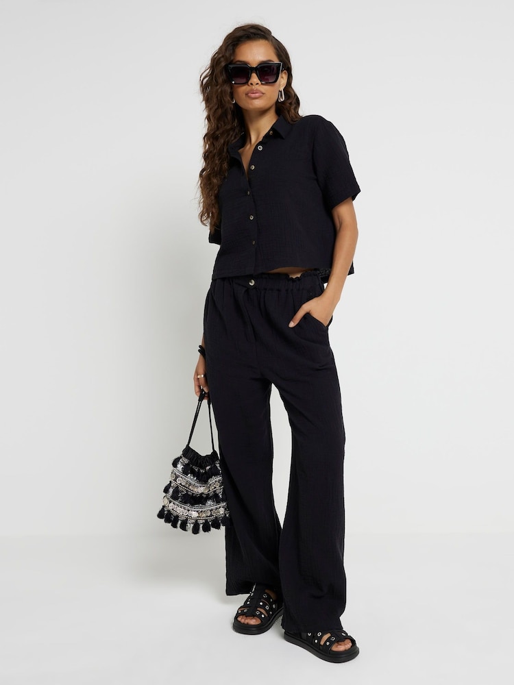 River Island Black Petite Linen Feel Double Faced Trousers - Image 1 of 8 River Island Black Petite Linen Feel Double Faced Trousers - Image 1 of 8