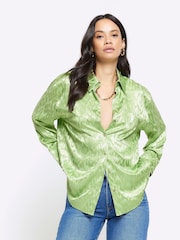 River Island Green Jaquard Satin Oversized Shirt - Image 1 of 6