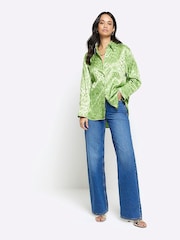 River Island Green Jaquard Satin Oversized Shirt - Image 3 of 6