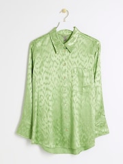River Island Green Jaquard Satin Oversized Shirt - Image 5 of 6