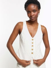 River Island Ecru Stripe Button Front Waistcoat - Image 1 of 4