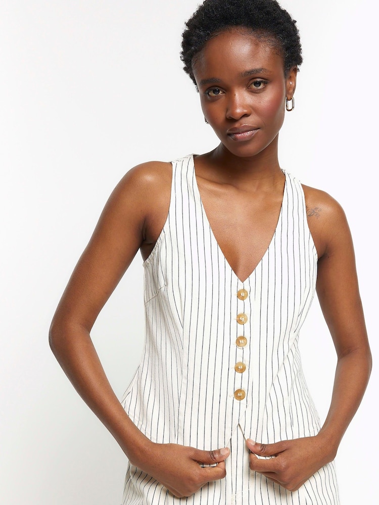 River Island Ecru Stripe Button Front Waistcoat - Image 1 of 4