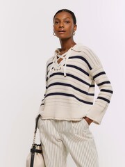 River Island Cream Collar Lace-Up Jumper - Image 1 of 6