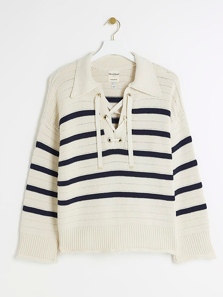River Island Cream Collar Lace-Up Jumper - Image 5 of 6