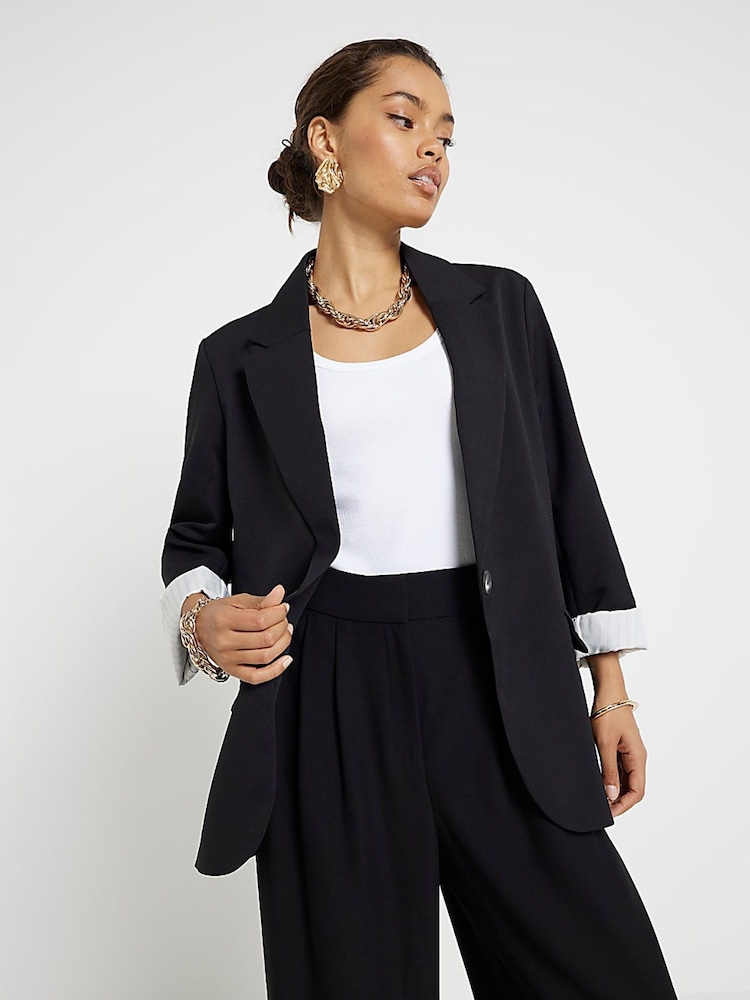 River Island Black Petite Roll Sleeve Relaxed Blazer - Image 1 of 6