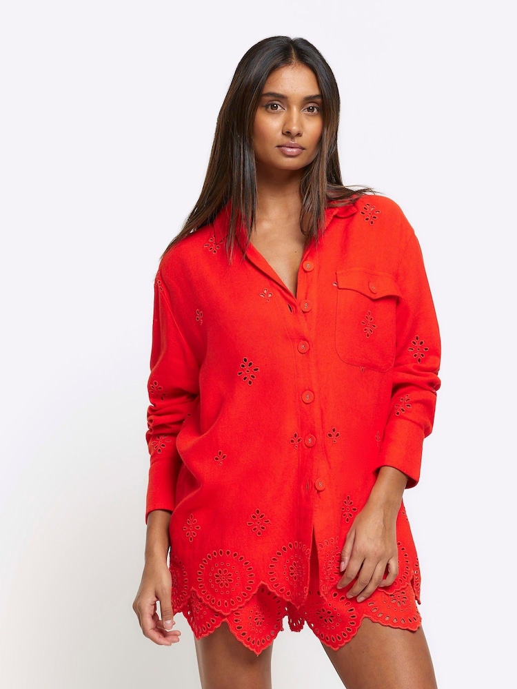 River Island Red Broderie Linen Shirt - Image 1 of 4 River Island Red Broderie Linen Shirt - Image 1 of 4