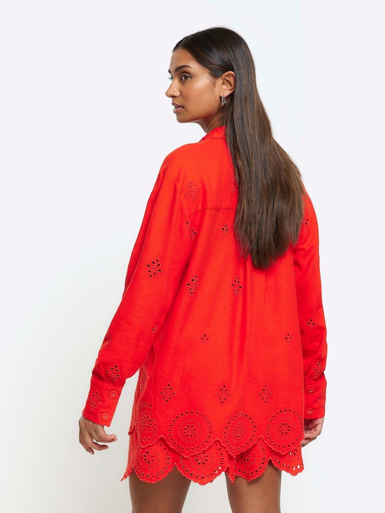 River Island Red Broderie Linen Shirt - Image 2 of 4 River Island Red Broderie Linen Shirt - Image 2 of 4