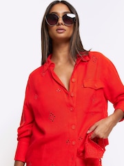 River Island Red Broderie Linen Shirt - Image 3 of 4