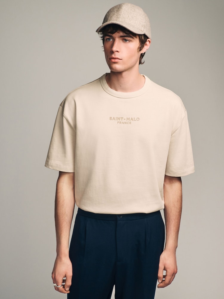 Ecru White Single Relaxed Fit 100% Cotton Graphic Heavyweight T-Shirt - Image 1 of 7