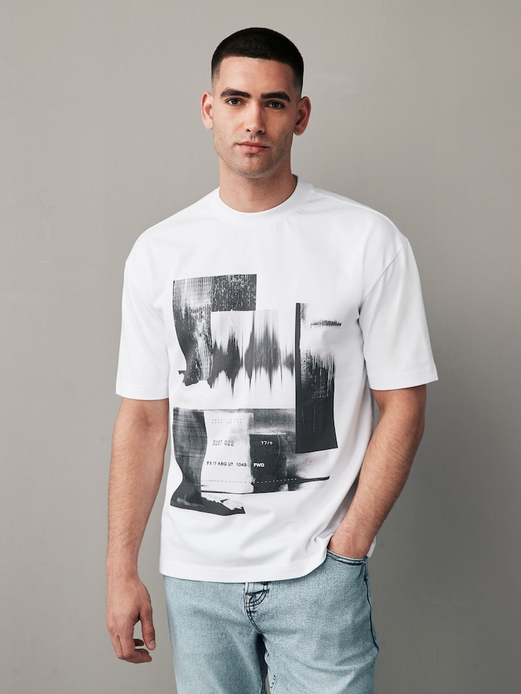 White Relaxed Fit Urban Graphic Front Print T-Shirt - Image 1 of 5