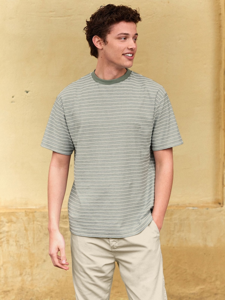 Sage Green 100% Cotton Textured Stripe T-Shirt - Image 1 of 7