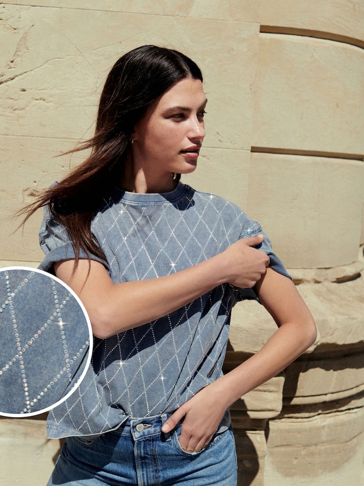 Denim Blue Diamond 100% Cotton Short Sleeve Washed Embellished Sparkle T-Shirt - Image 1 of 6