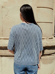 Denim Blue Diamond 100% Cotton Short Sleeve Washed Embellished Sparkle T-Shirt - Image 3 of 6