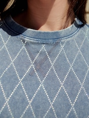 Denim Blue Diamond 100% Cotton Short Sleeve Washed Embellished Sparkle T-Shirt - Image 4 of 6