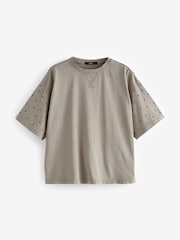 Khaki Grün mit Sternen - 100% Cotton Short Sleeve Washed Embellished Sparkle T-Shirt - Bild 5 von 6