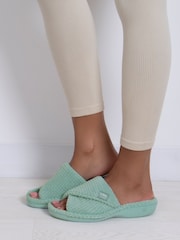 Totes Green Ladies Isotoner Popcorn Turnover Open Toe Slippers - Image 1 of 5