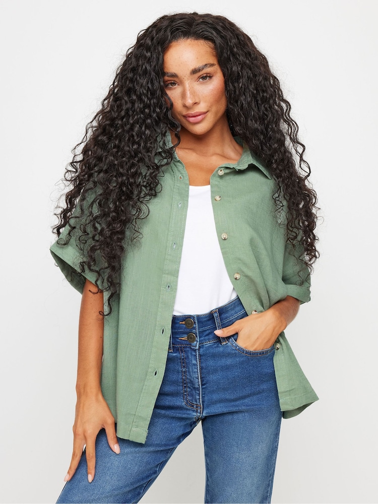 M&Co Green Petite Short Sleeve Linen Button Shirt - Image 1 of 5
