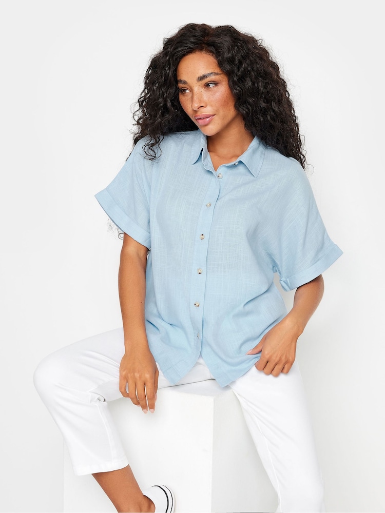 M&Co Blue Petite Short Sleeve Linen Button Shirt - Image 1 of 5