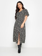 PixieGirl Petite Black Ditsy Floral Print Button Front Midi Tea Dress - Image 1 of 5
