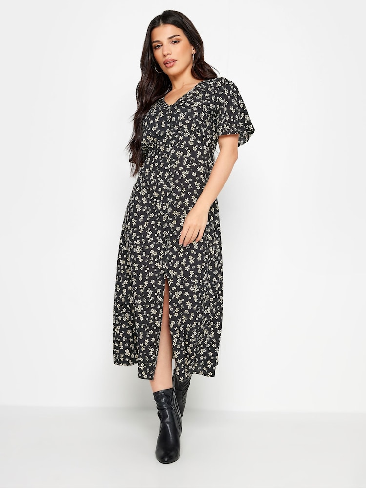PixieGirl Petite Black Ditsy Floral Print Button Front Midi Tea Dress - Image 1 of 5