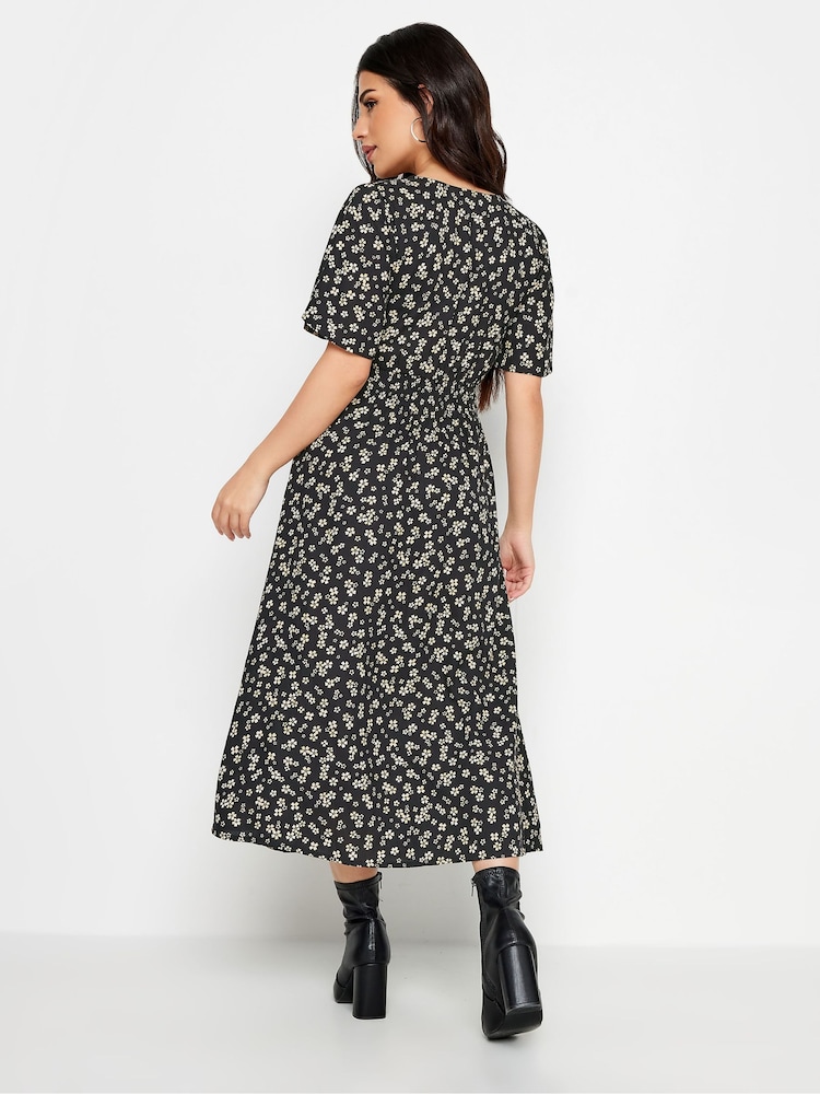 PixieGirl Petite Black Ditsy Floral Print Button Front Midi Tea Dress - Image 2 of 5