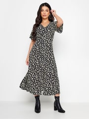 PixieGirl Petite Black Ditsy Floral Print Button Front Midi Tea Dress - Image 3 of 5