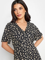 PixieGirl Petite Black Ditsy Floral Print Button Front Midi Tea Dress - Image 4 of 5