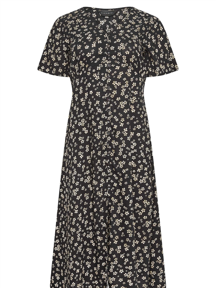 PixieGirl Petite Black Ditsy Floral Print Button Front Midi Tea Dress - Image 5 of 5