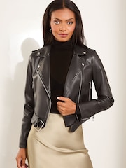 Lipsy Black Petite Faux Leather Crop Biker Jacket - Image 1 of 4