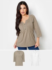 PixieGirl Petite Natural Henley Long Sleeve 100% Cotton Blouses - Image 1 of 5