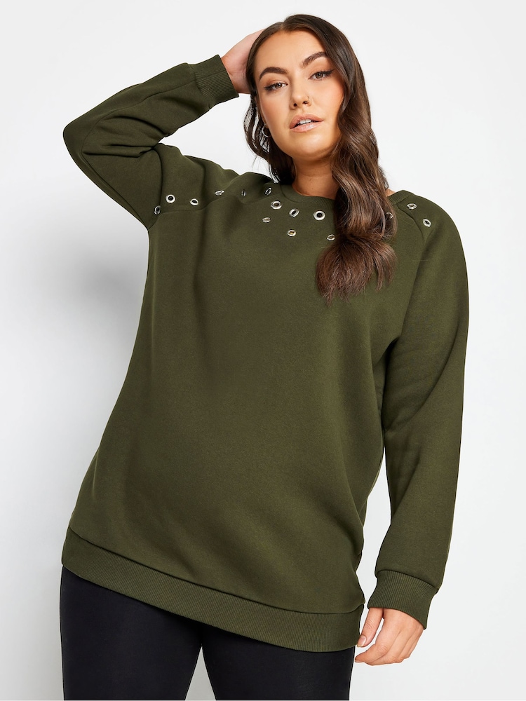 Yours Curve Khaki Green Eyelet Detailed Sweatshirt - Image 1 of 4