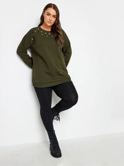 Yours Curve Khaki Green Eyelet Detailed Sweatshirt - Image 2 of 4