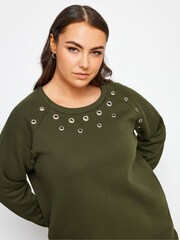 Yours Curve Khaki Green Eyelet Detailed Sweatshirt - Image 4 of 4