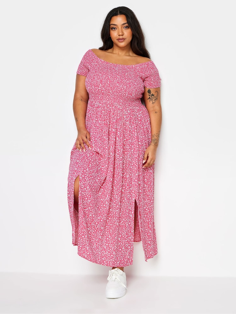Pink - Yours Curve Ditsy Blumendruck Gerafftes Bardot-Maxikleid - Bild 1 von 5 Pink - Yours Curve Ditsy Blumendruck Gerafftes Bardot-Maxikleid - Bild 1 von 5