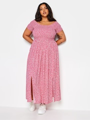 Yours Curve Pink Ditsy Floral Print Shirred Bardot Maxi Dress - Image 2 of 5