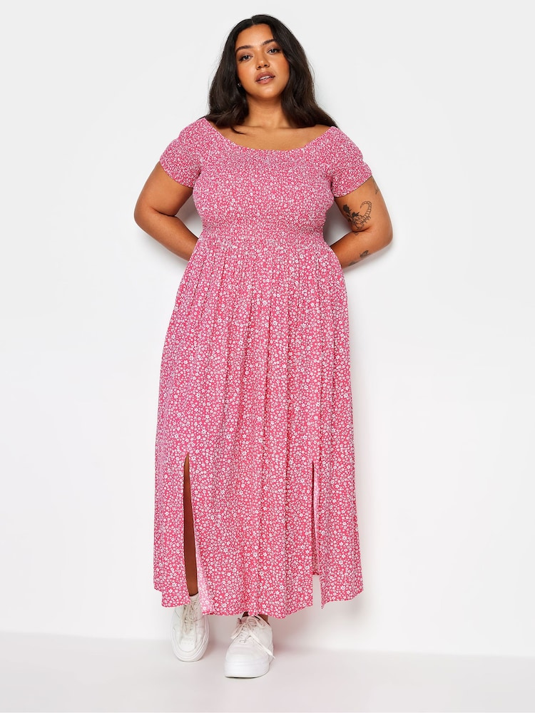 Yours Curve Pink Ditsy Floral Print Shirred Bardot Maxi Dress - Image 2 of 5